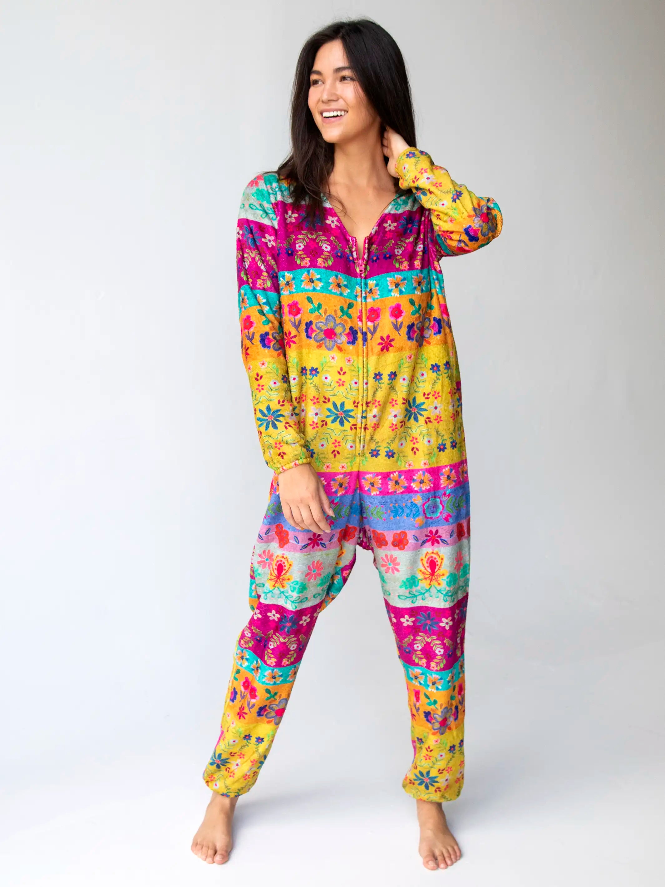 Fleece Onesie Pajamas - Magenta Floral Border