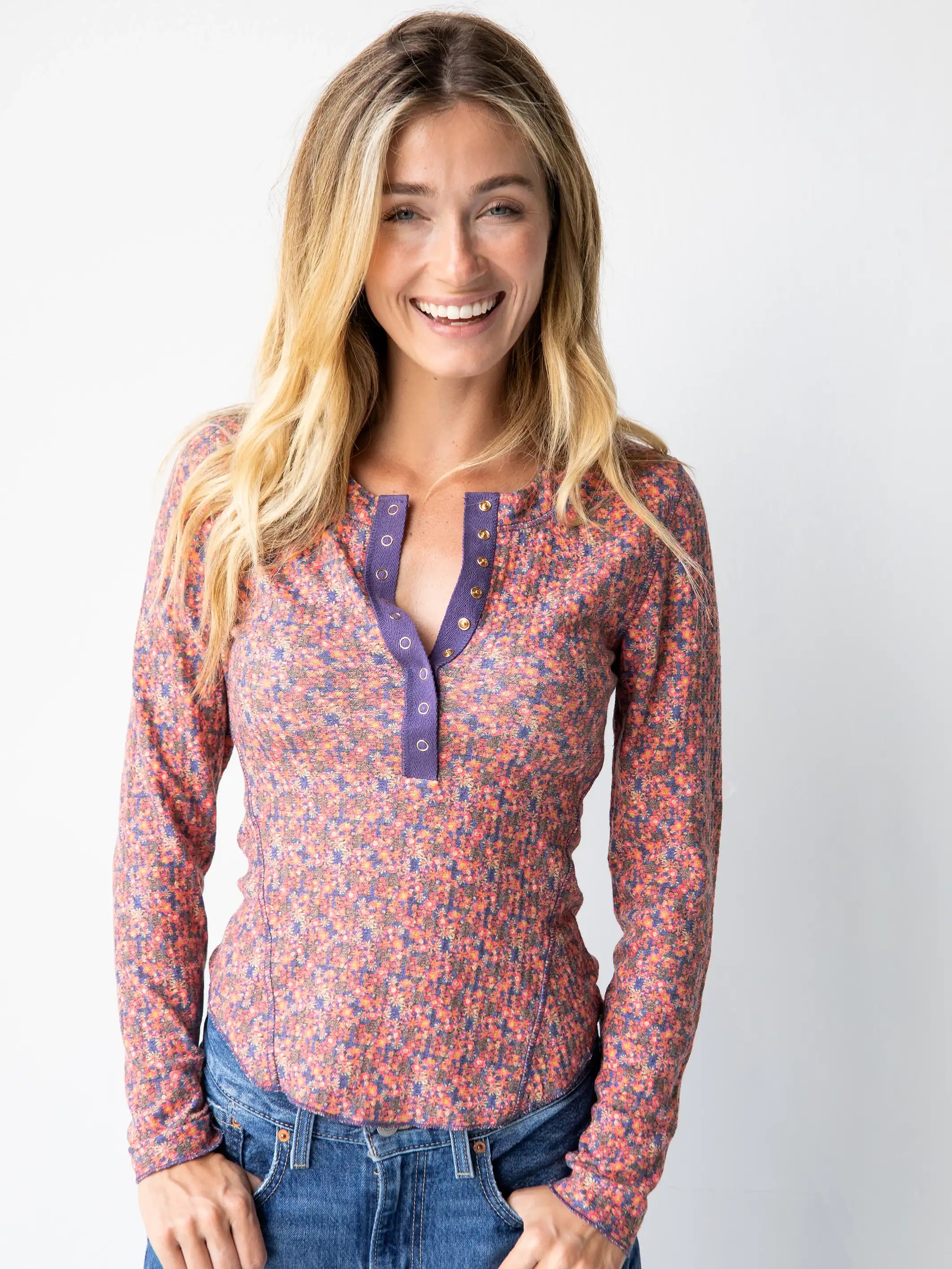 Reagan Thermal Henley - Pink Multi Floral